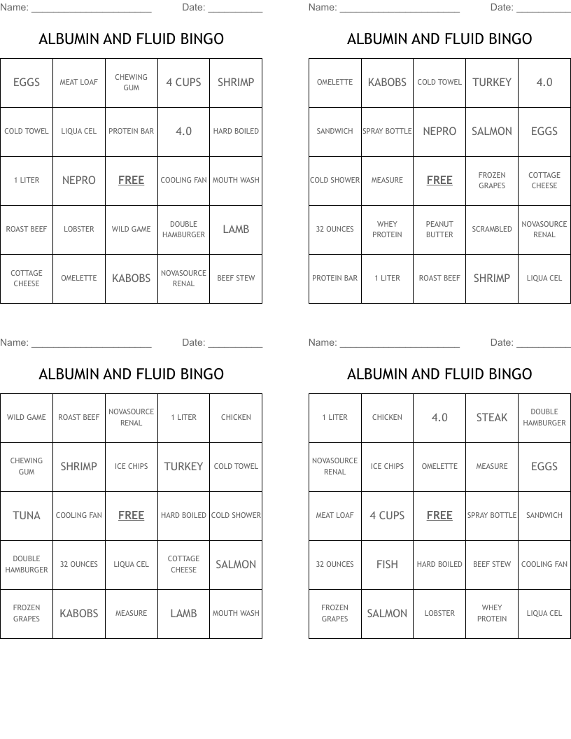 ALBUMIN AND FLUID BINGO