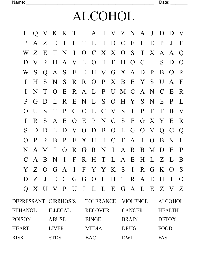 ALCOHOL Word Search