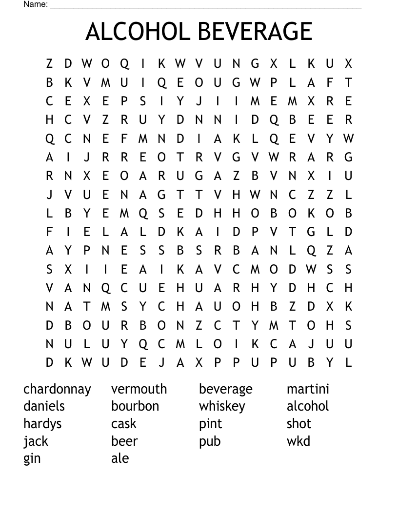 ALCOHOL BEVERAGE Word Search