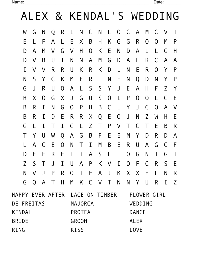 ALEX & KENDAL'S WEDDING Word Search