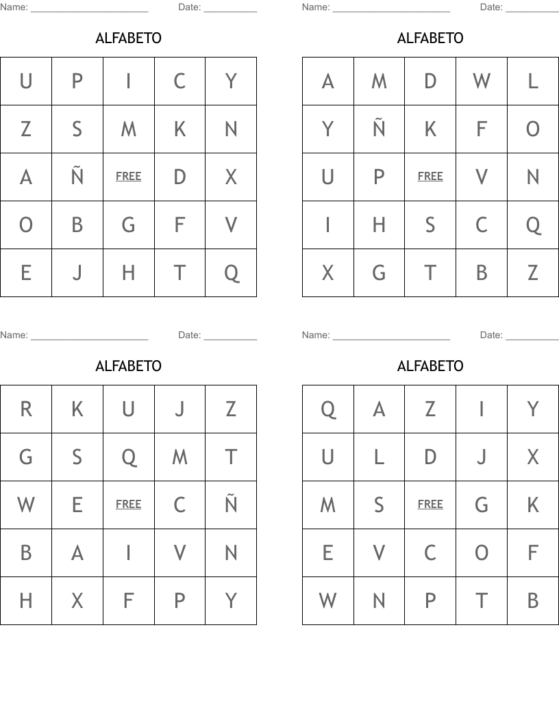 ALFABETO Bingo Cards