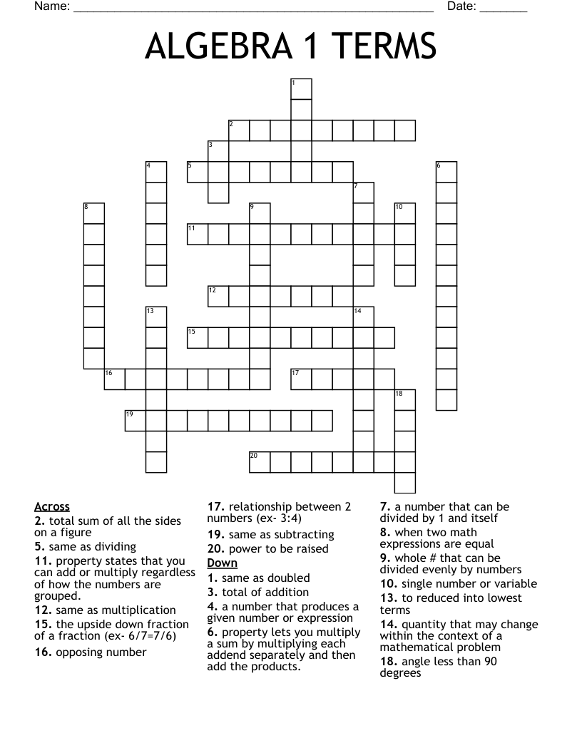 ALGEBRA 1 TERMS Crossword