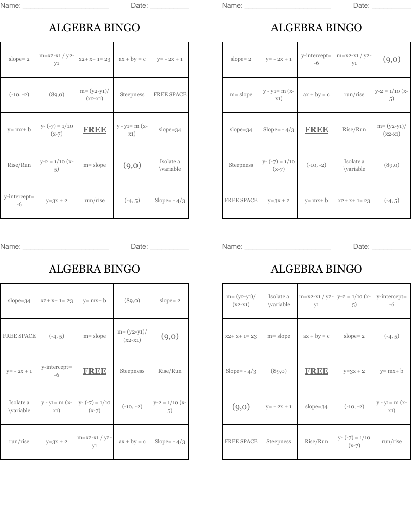 ALGEBRA BINGO