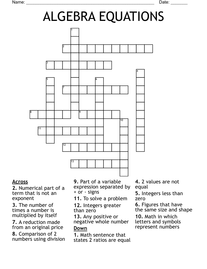 ALGEBRA EQUATIONS Crossword