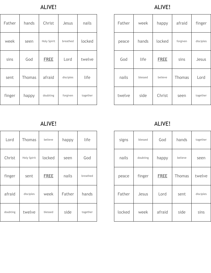 ALIVE! Bingo Cards