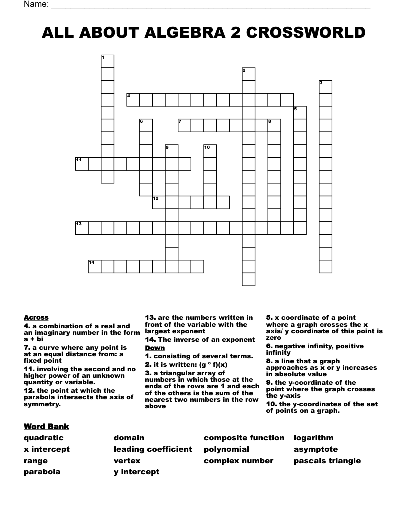 ALL ABOUT ALGEBRA 2 CROSSWORLD Crossword