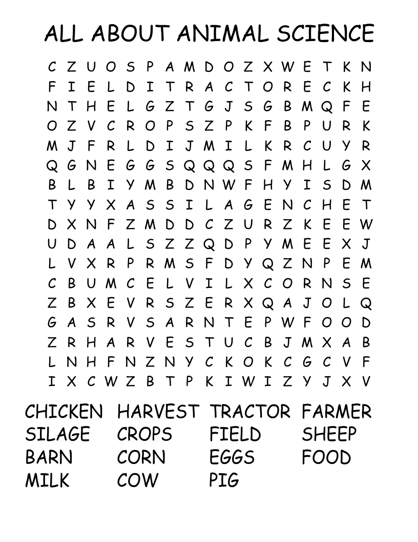 ALL ABOUT ANIMAL SCIENCE Word Search