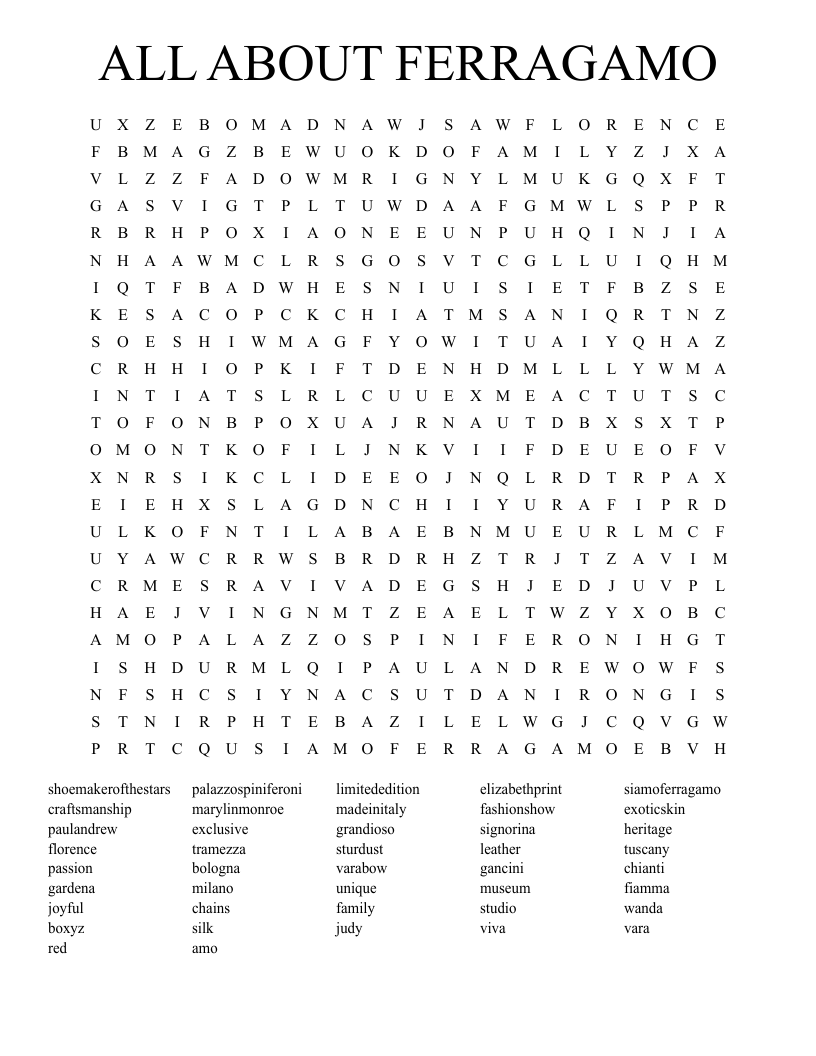 ALL ABOUT FERRAGAMO Word Search