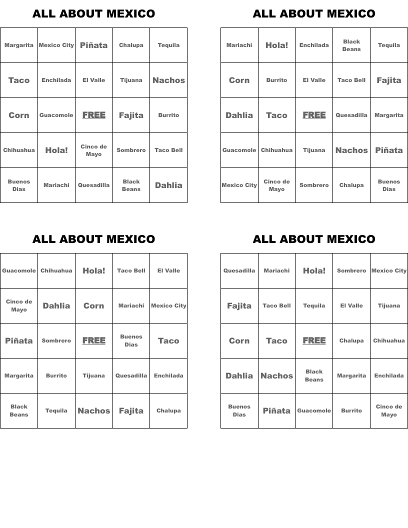 ALL ABOUT MEXICO Bingo Cards
