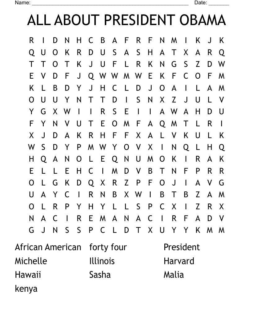ALL ABOUT PRESIDENT OBAMA Word Search
