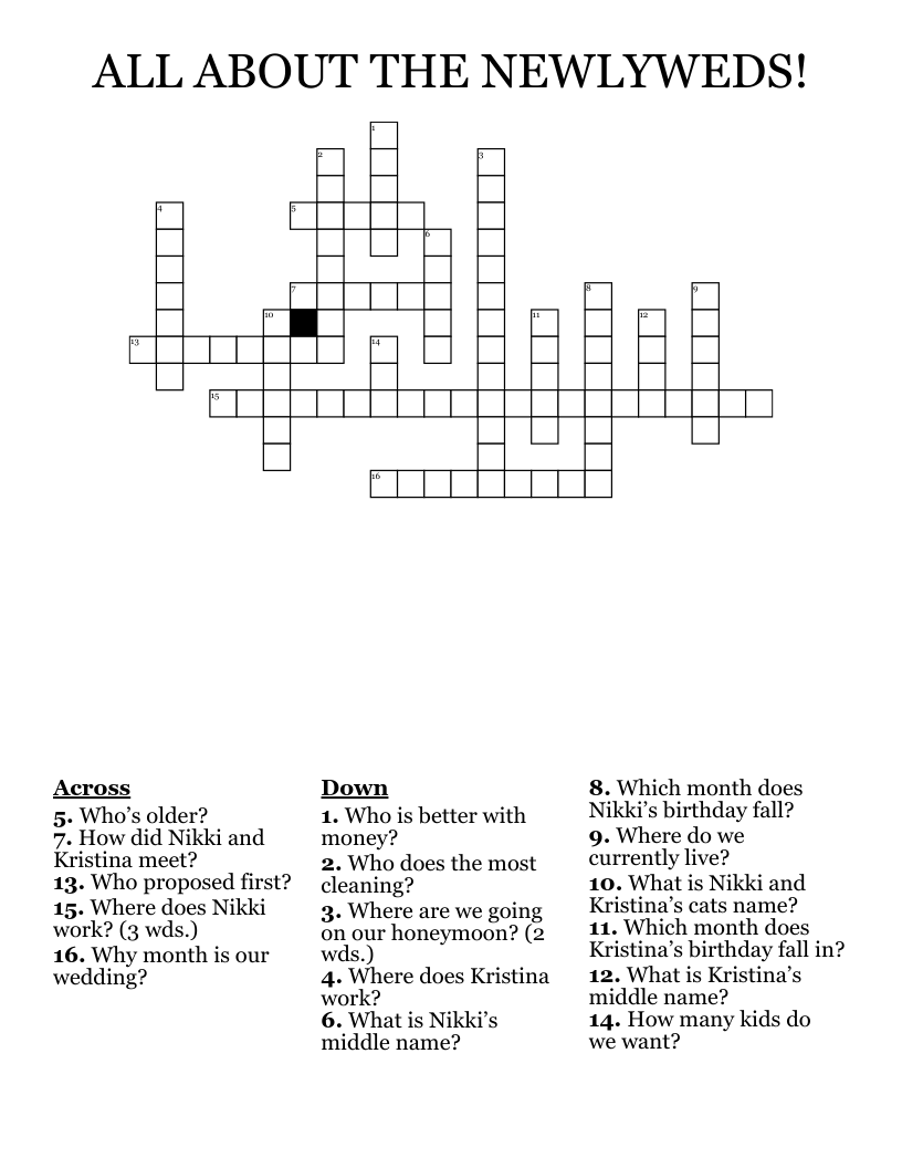 ALL ABOUT THE NEWLYWEDS! Crossword