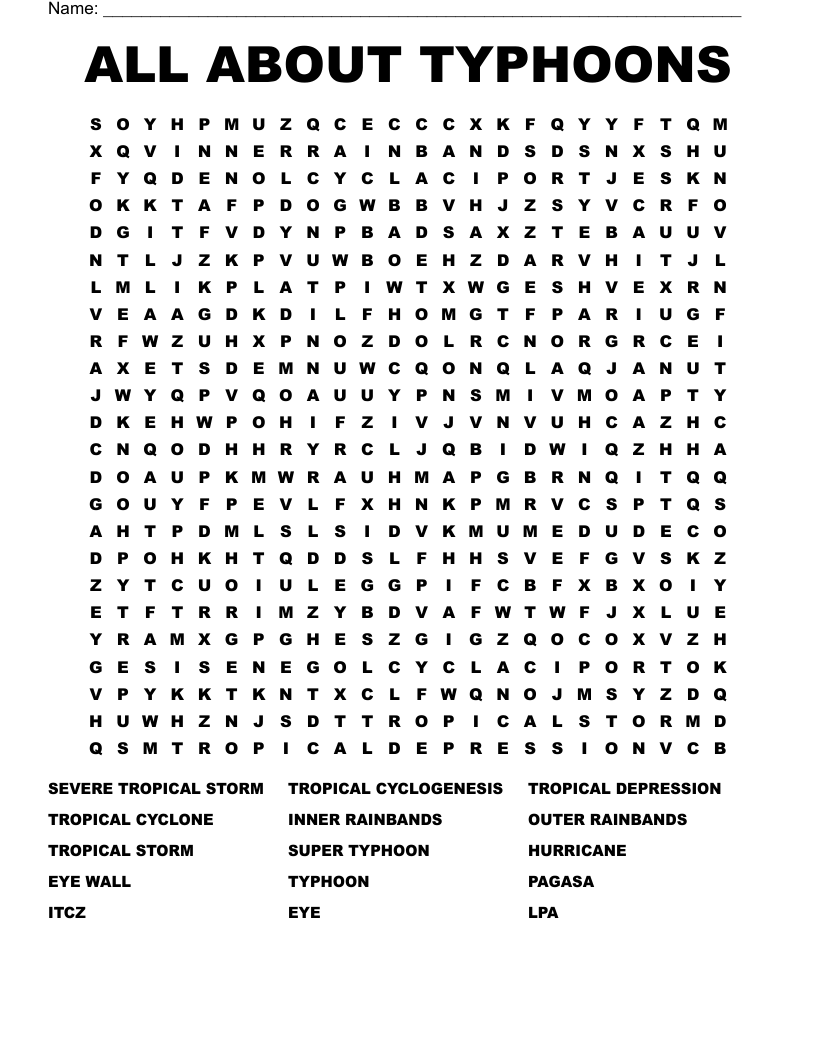 ALL ABOUT TYPHOONS Word Search