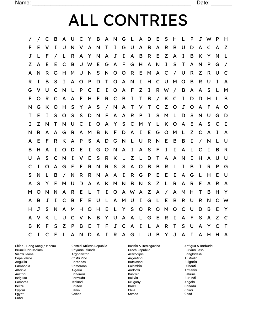 ALL CONTRIES Word Search