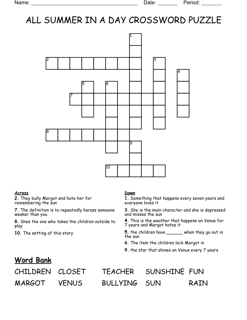 ALL SUMMER IN A DAY CROSSWORD PUZZLE
