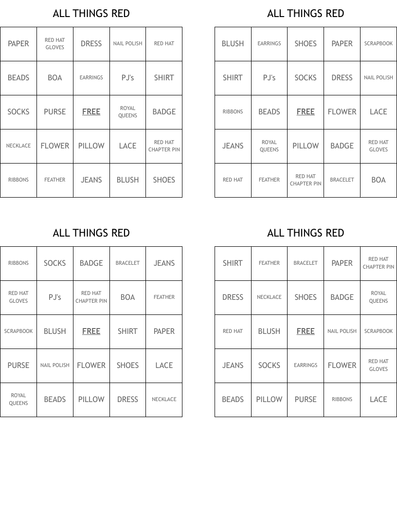 ALL THINGS RED  Bingo Cards