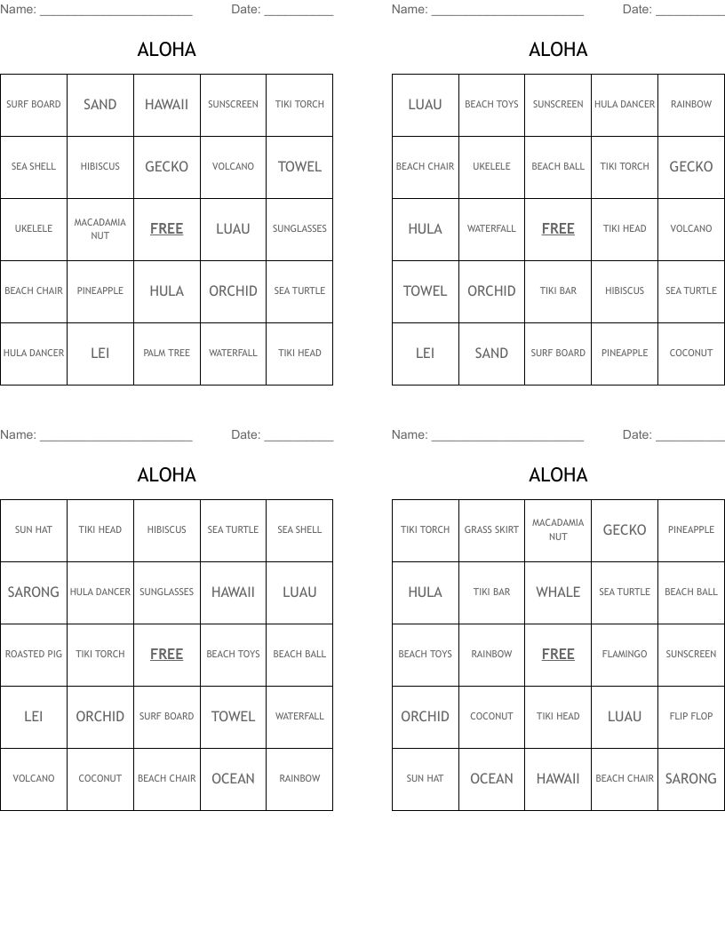 ALOHA Bingo Cards