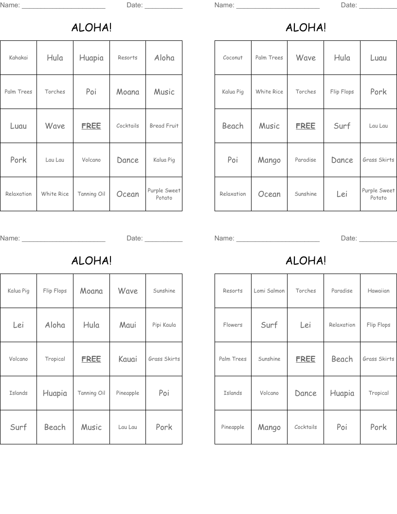 ALOHA! Bingo Cards