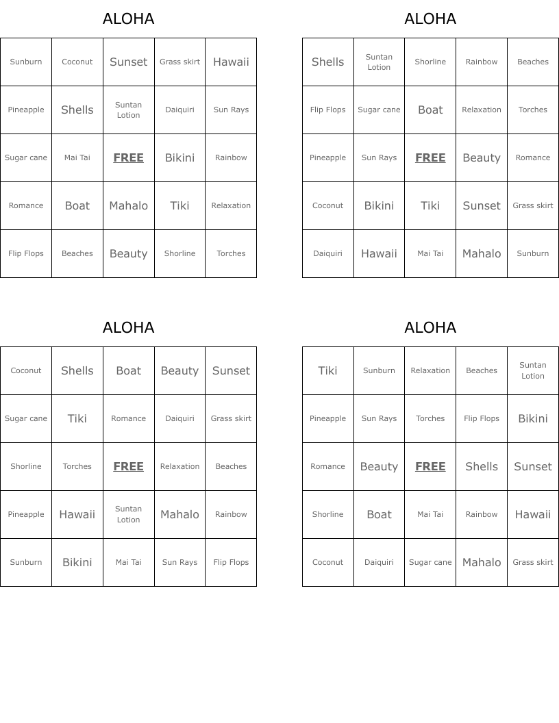 ALOHA Bingo Cards