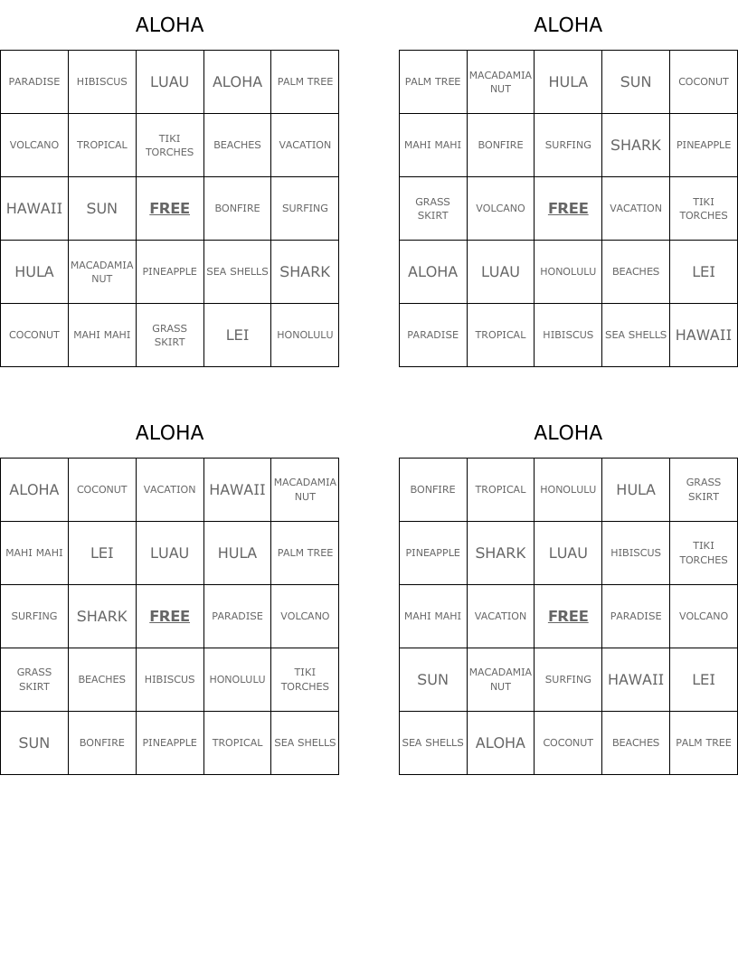 ALOHA Bingo Cards