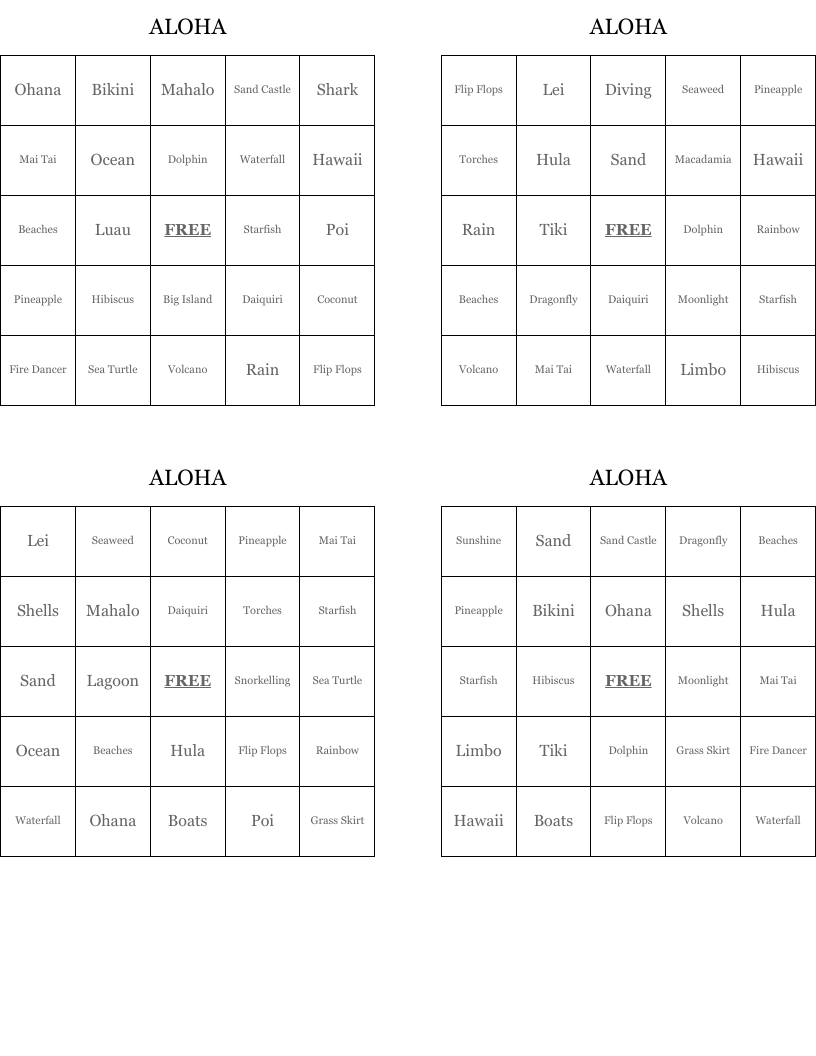 ALOHA Bingo Cards