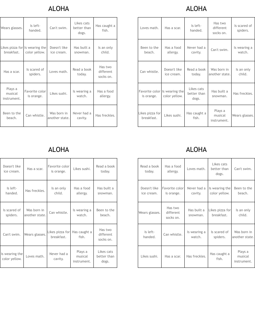 ALOHA  Bingo Cards