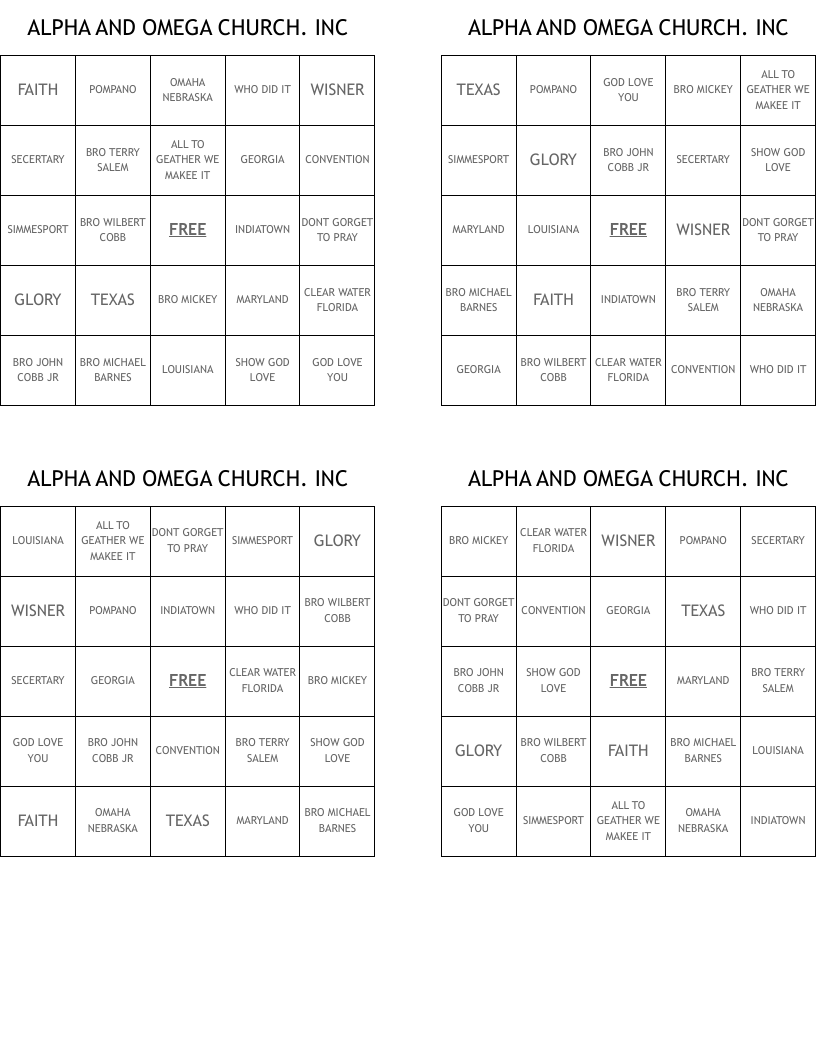 ALPHA AND OMEGA  CHURCH. INC Bingo Cards