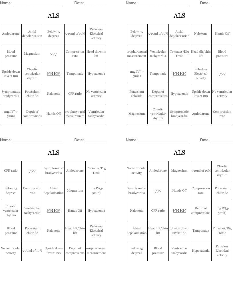 ALS Bingo Cards