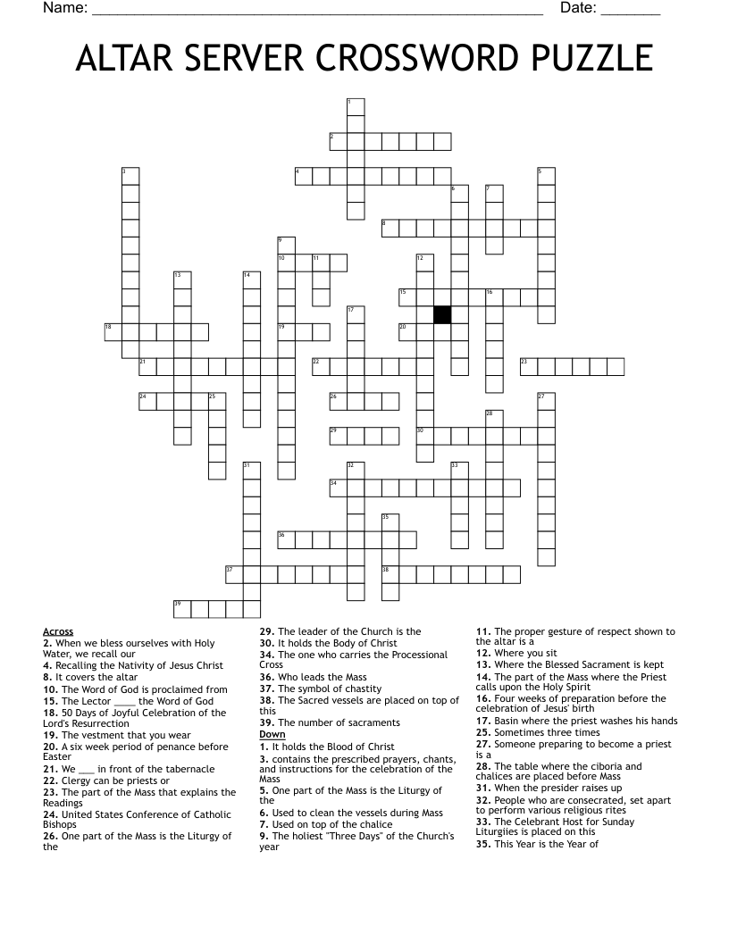 ALTAR SERVER CROSSWORD PUZZLE