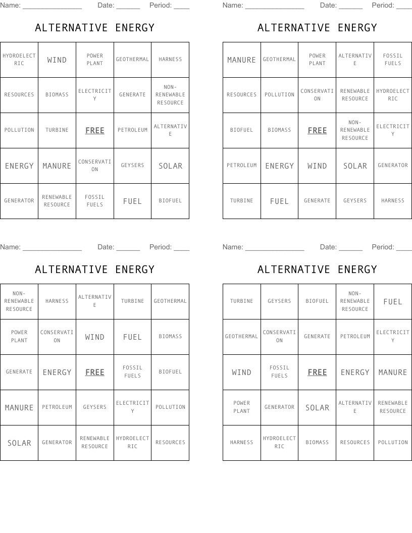 ALTERNATIVE ENERGY Bingo Cards