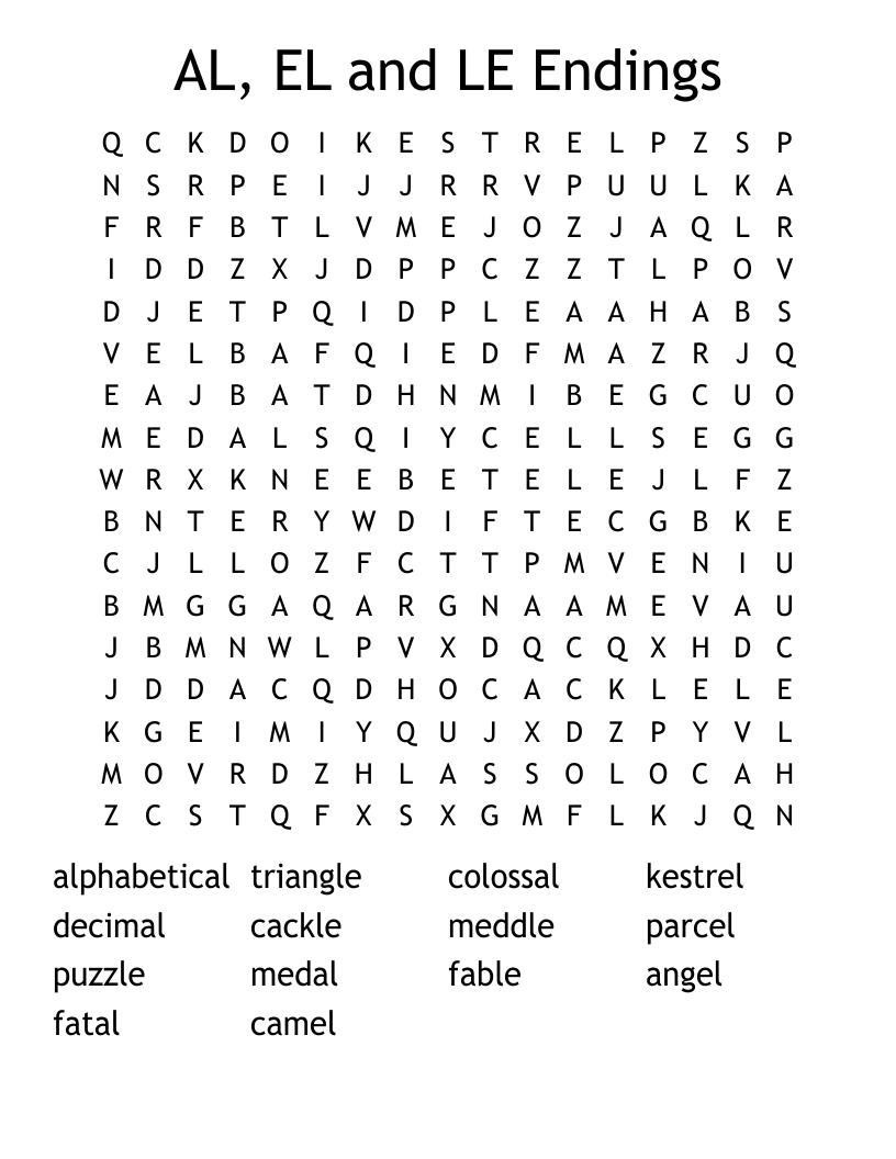 AL, EL and LE Endings Word Search