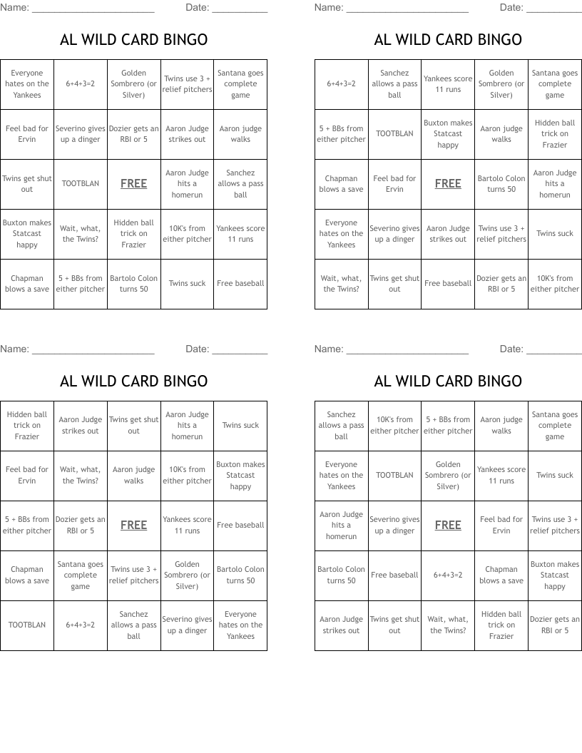 AL WILD CARD BINGO