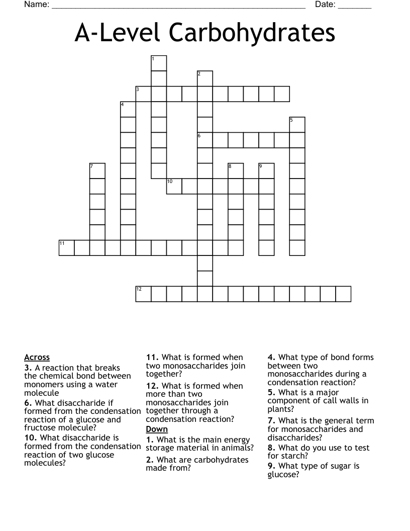 A-Level Carbohydrates Crossword