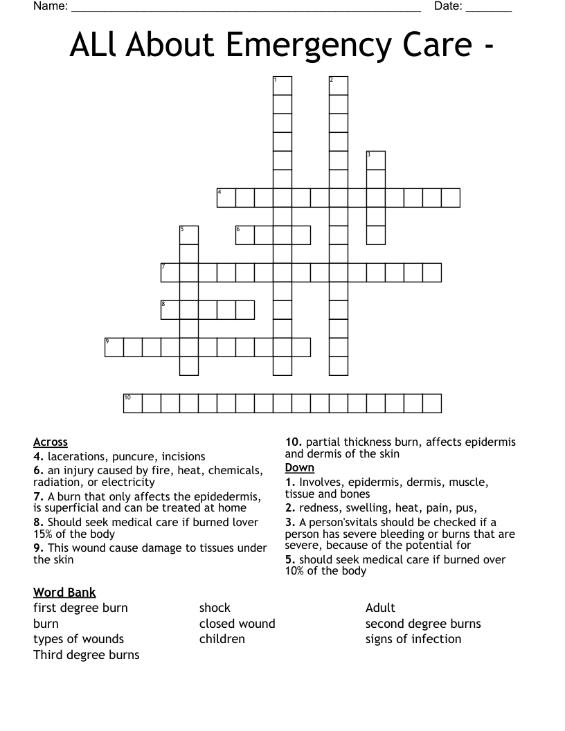 ALl About  Emergency Care -  Crossword