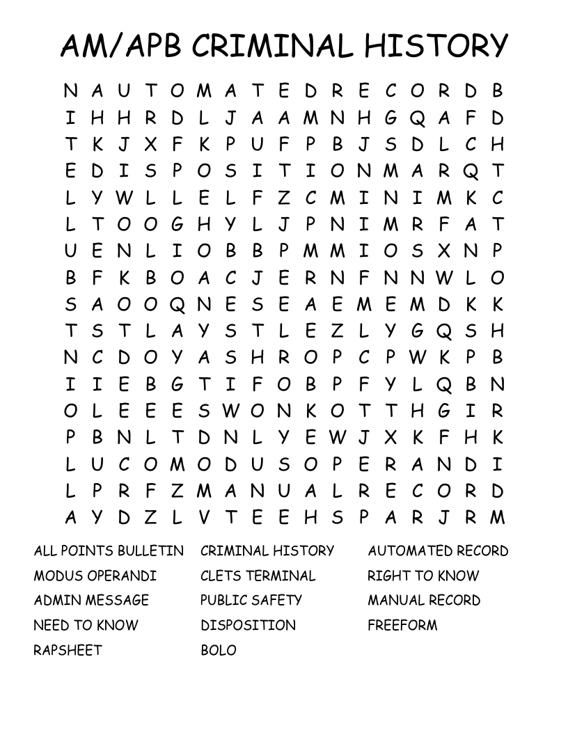AM/APB CRIMINAL HISTORY Word Search