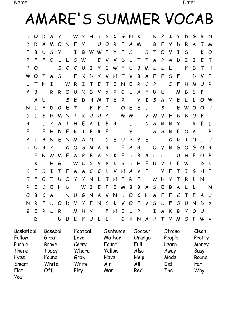 AMARE'S SUMMER VOCAB Word Search