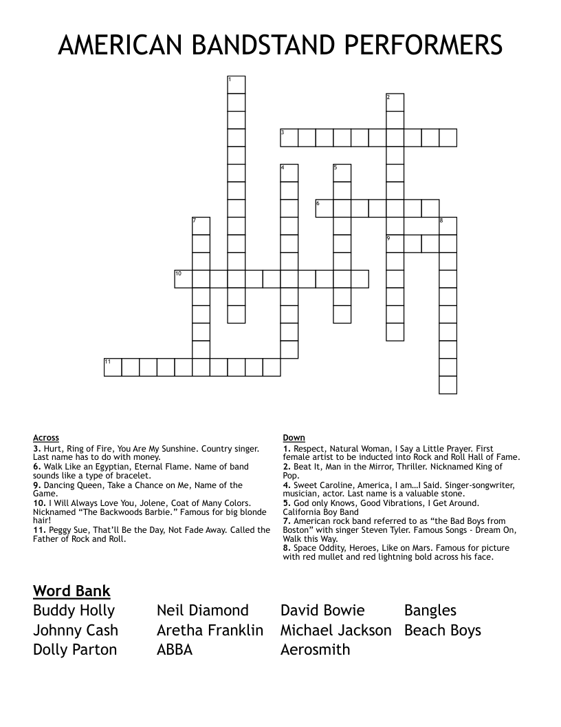 AMERICAN BANDSTAND PERFORMERS Crossword