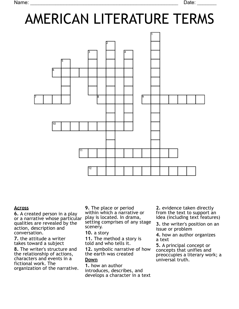 AMERICAN LITERATURE TERMS Crossword