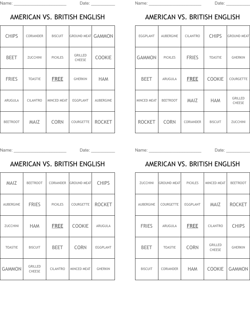 AMERICAN VS. BRITISH ENGLISH  Bingo Cards