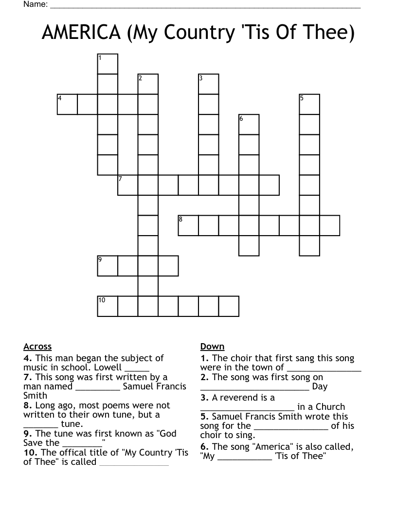 AMERICA (My Country 'Tis Of Thee) Crossword