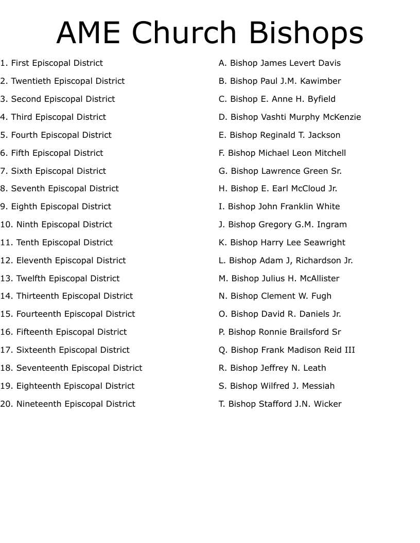 AME Church Bishops Worksheet
