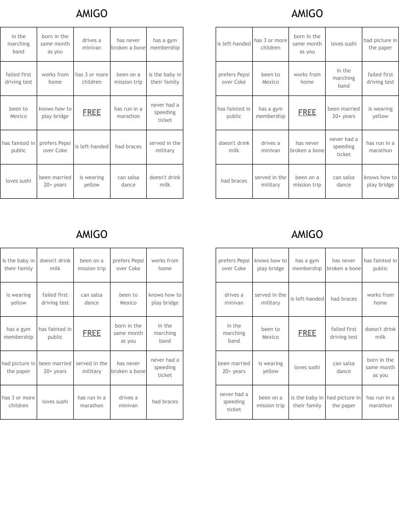 AMIGO Bingo Cards