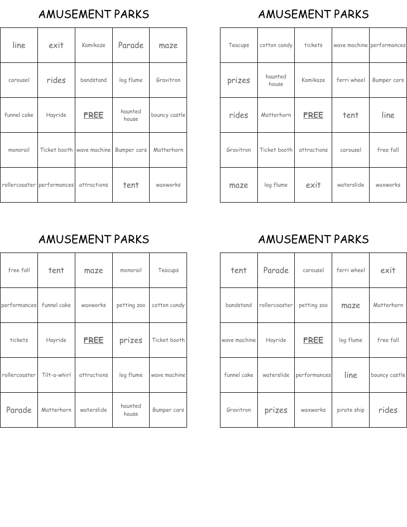 AMUSEMENT PARKS Bingo Cards