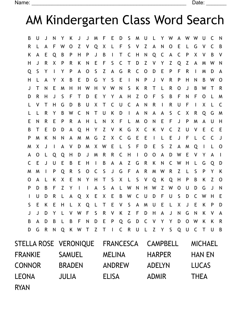 AM Kindergarten Class Word Search