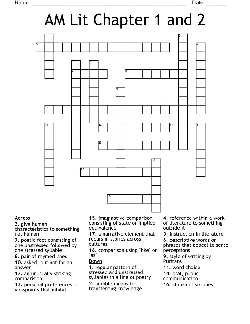 AM Lit Chapter 1 and 2 Crossword