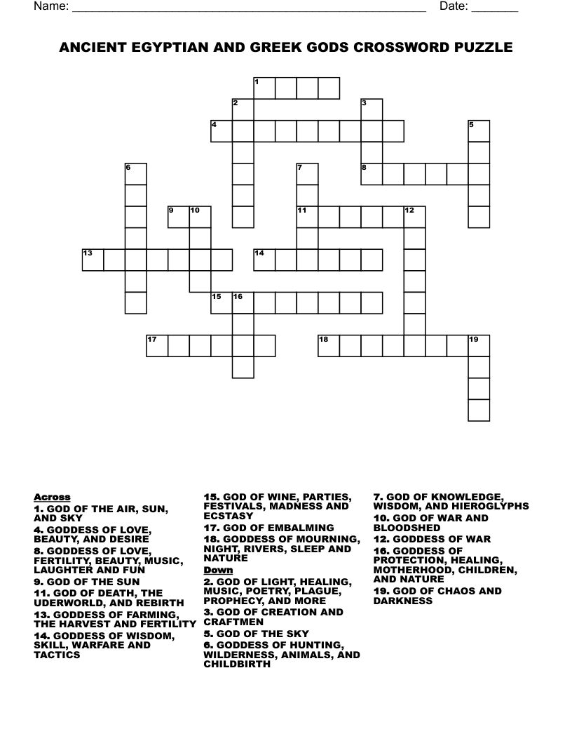 ANCIENT EGYPTIAN AND GREEK GODS CROSSWORD PUZZLE