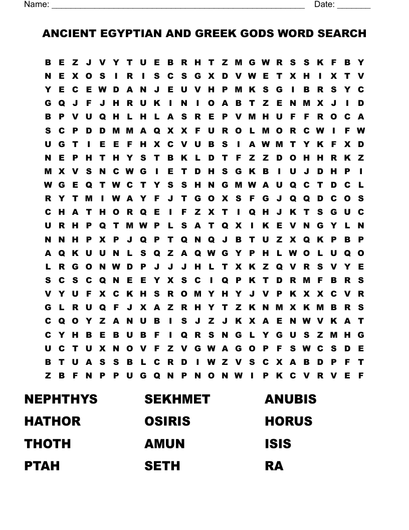 ANCIENT EGYPTIAN AND GREEK GODS WORD SEARCH
