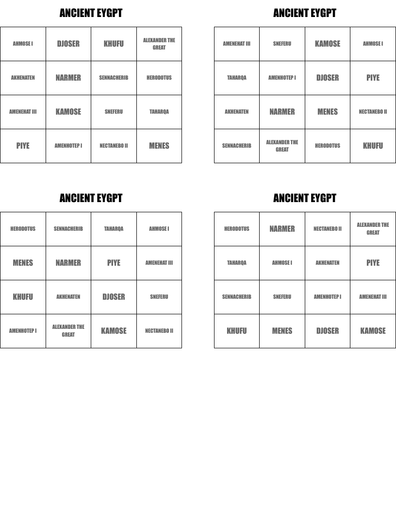 ANCIENT EYGPT Bingo Cards