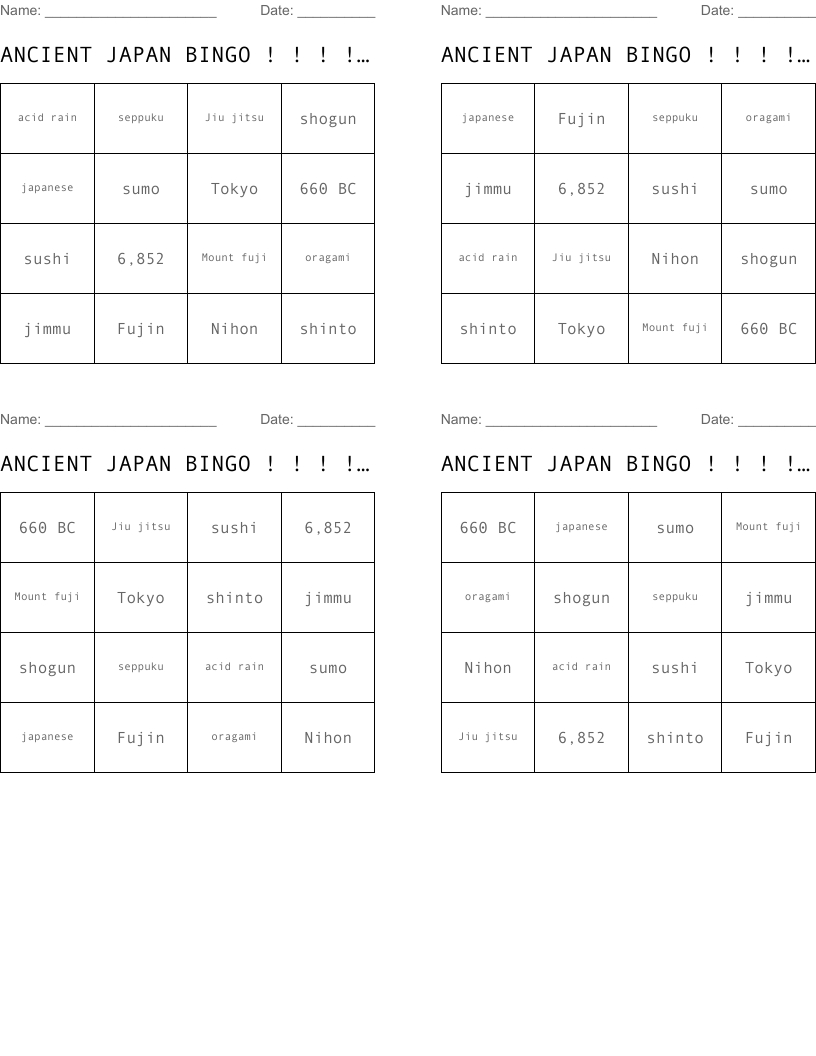 ANCIENT JAPAN BINGO ! ! ! ! ! ! ! !
