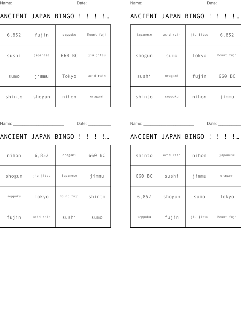 ANCIENT JAPAN BINGO ! ! ! ! ! ! ! !