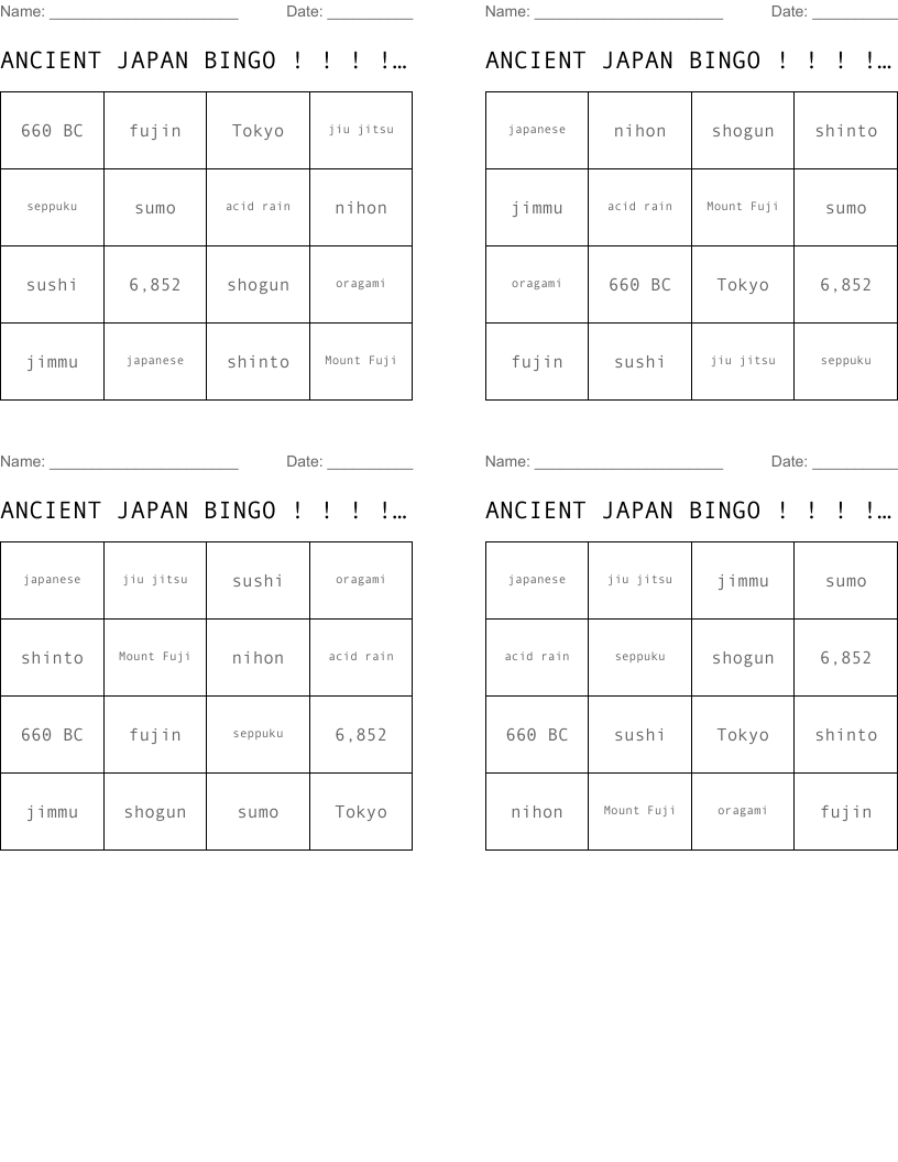 ANCIENT JAPAN BINGO ! ! ! ! ! ! ! !